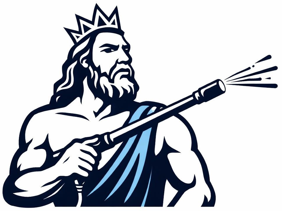 A muscular king with a crown and white beard holding a pressure washer.