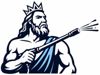 A muscular king with a crown and white beard holding a pressure washer.