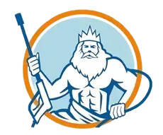A muscular king with a crown and white beard holding a pressure washer.