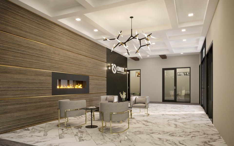 beautiful lobby with marble flooring in office co-working building in cedarhurst