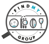 A logo for find my group with a magnifying glass and a soccer ball.