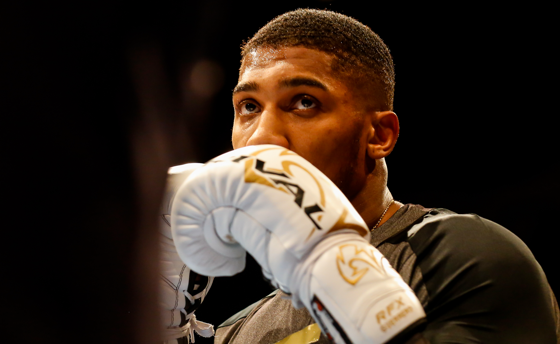 Anthony Joshua,  poses confidently in training gear ahead of his fight against Daniel Dubois.