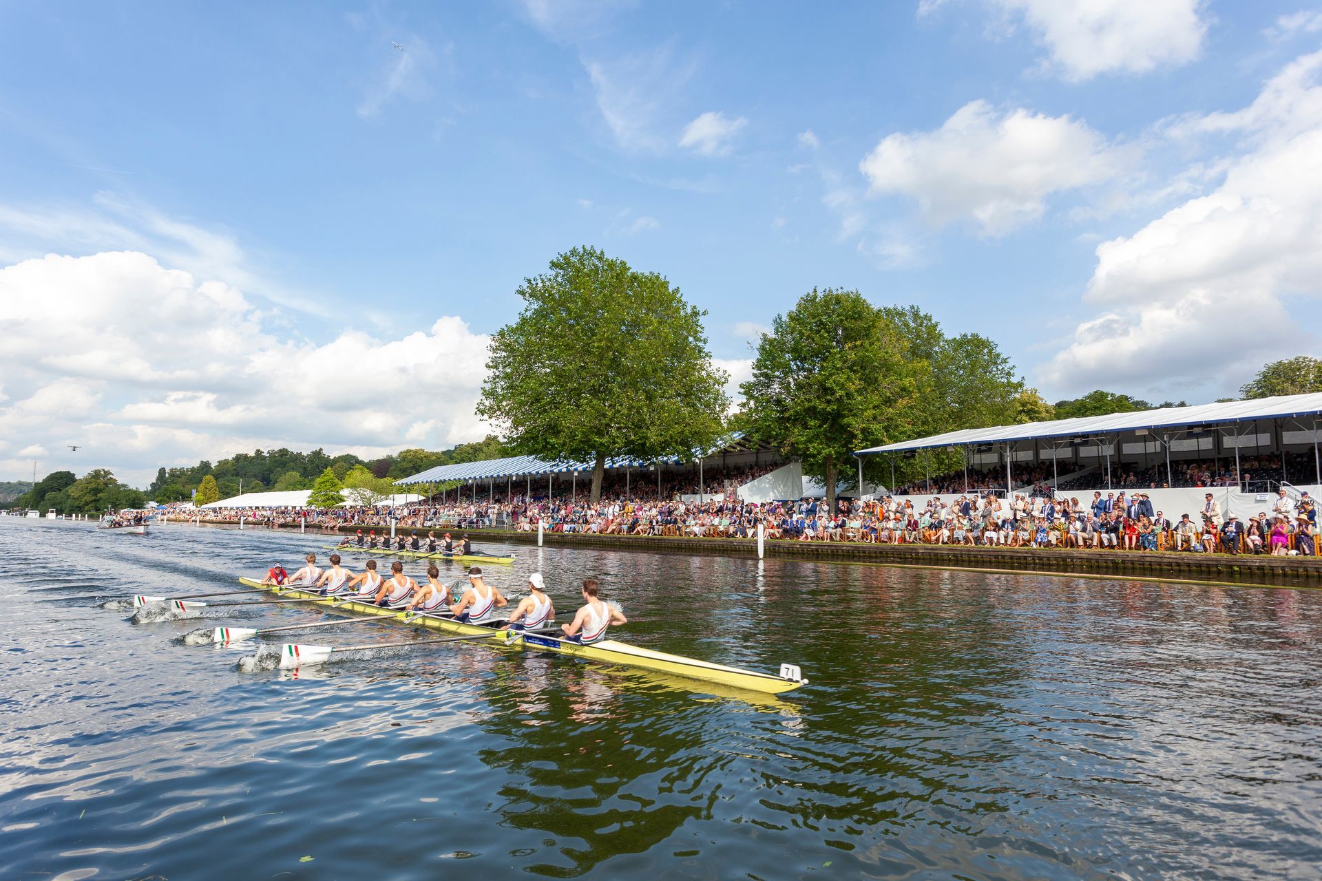 A group of people are rowing a boat on a river.