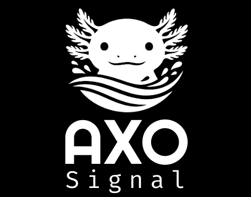 A white logo on a black background featuring a stylized axolotl emerging from waves above the text 