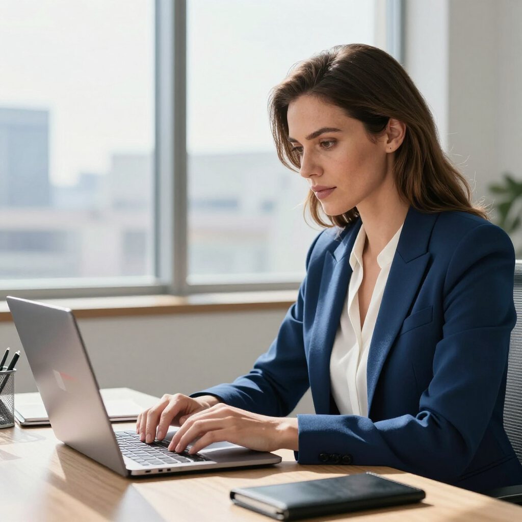 A professional in a navy blazer types on a laptop at a desk in a bright office with large windows.