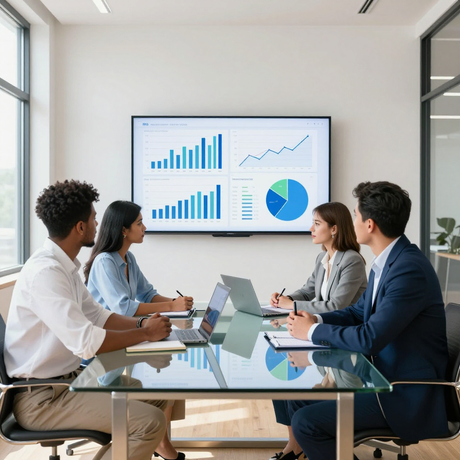 Business meeting in a glass conference room with four people reviewing charts on a wall screen