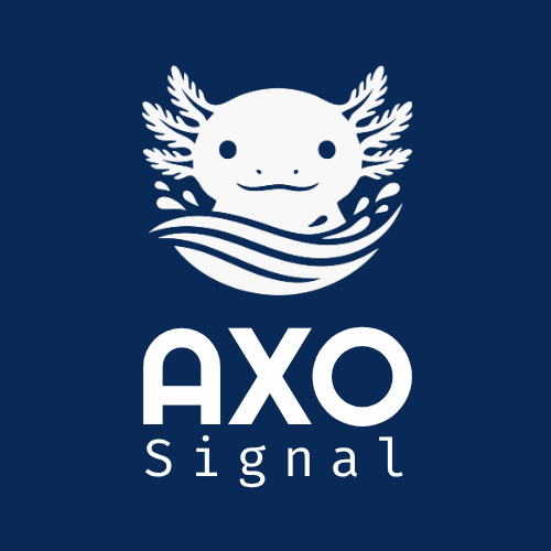 AXO Signal logo with white axolotl and text on a blue background