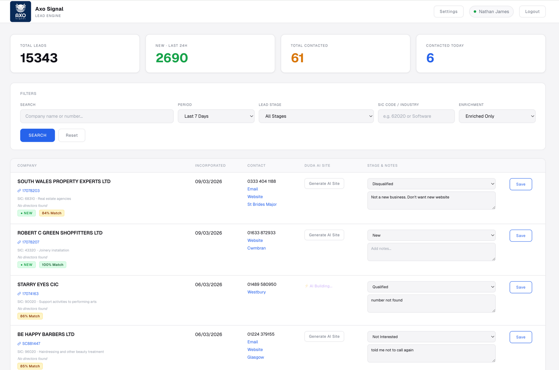 Dashboard displaying a list of feedback records with status, date, and user details, including search and filter tools.
