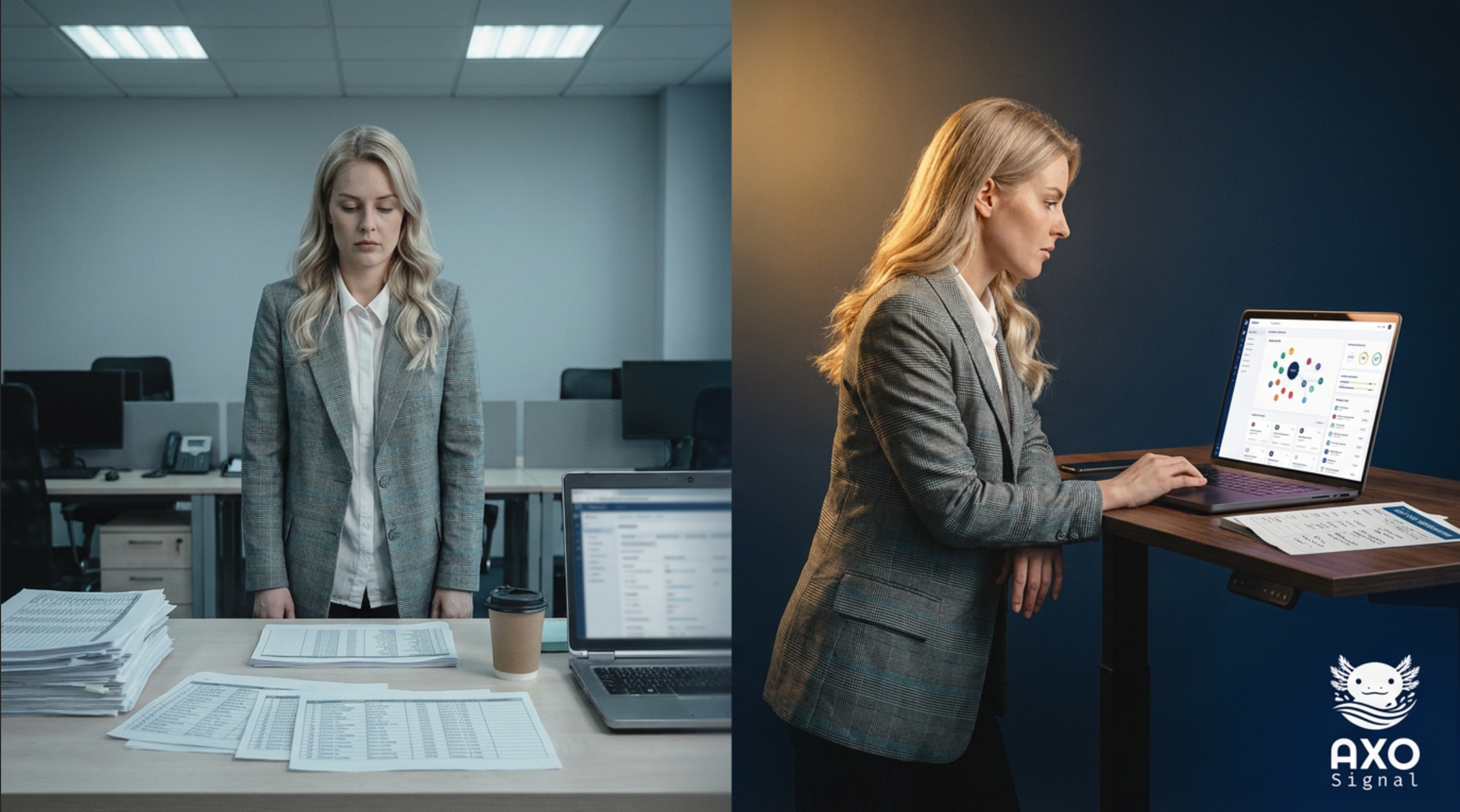 Woman standing at an office desk beside a laptop, with papers and monitors in a gray workspace.
