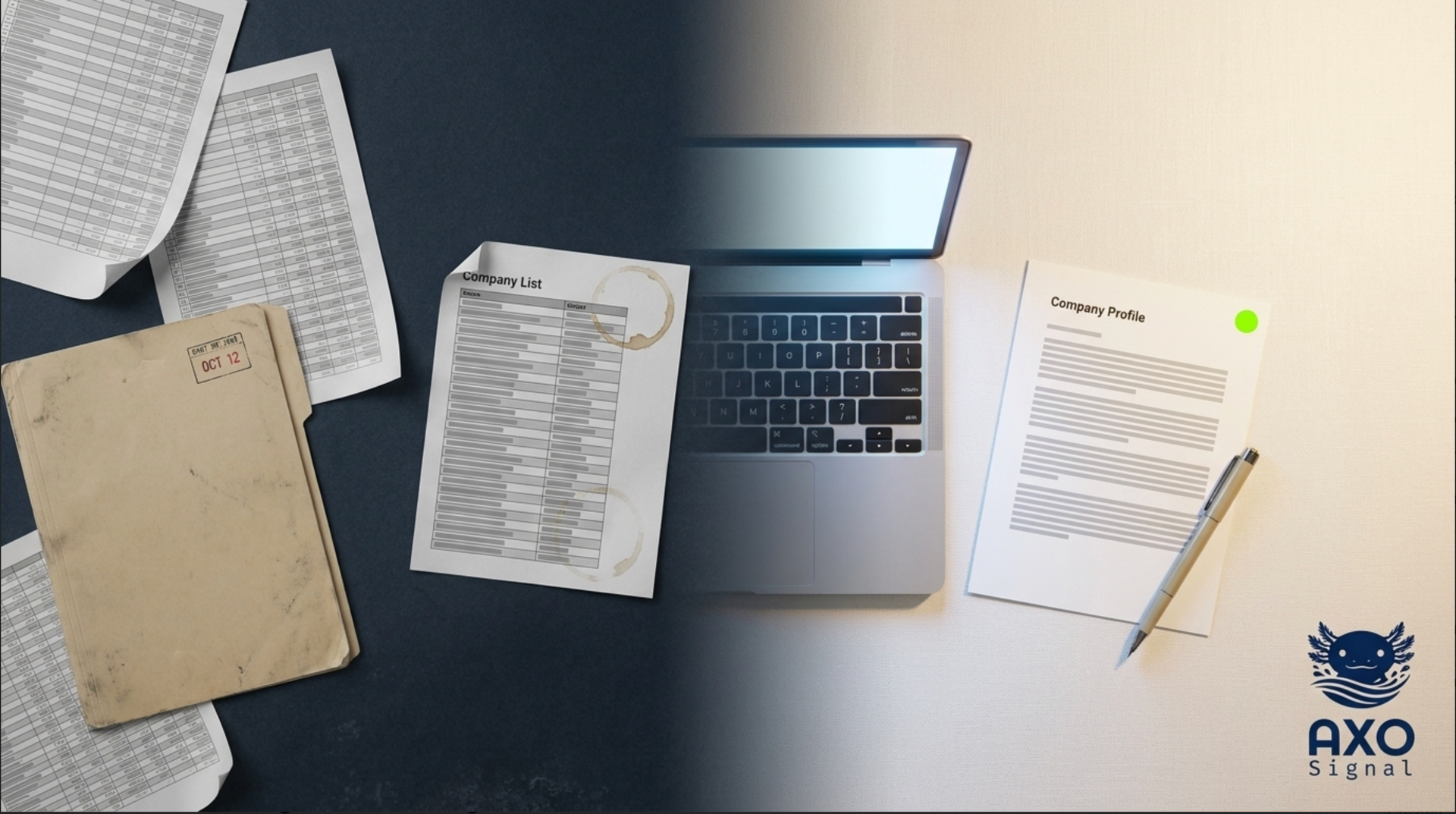 Overhead view of a laptop surrounded by papers, notebooks, and a pencil on a desk