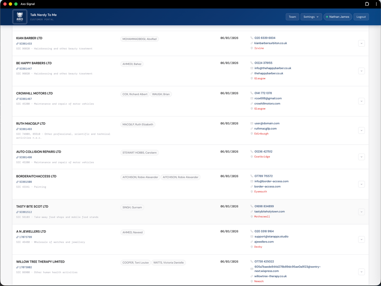 Web dashboard showing a list of records with status labels and action links in a table view