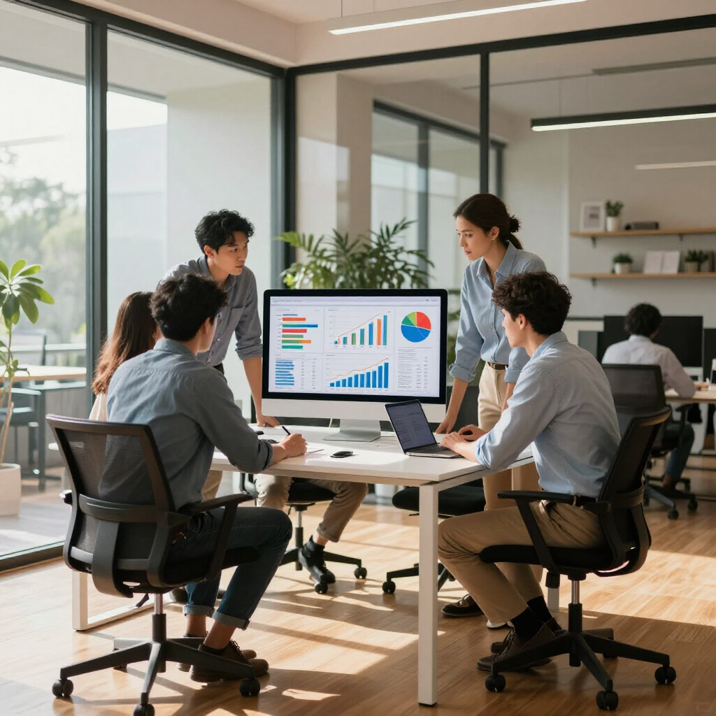 A team in a modern office collaborates around a desk with a computer monitor displaying charts and data visualizations.