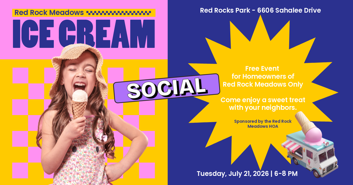 Promotional poster for “Ice Cream Social” with girl holding ice cream, bright pink and blue design, July 21 event details