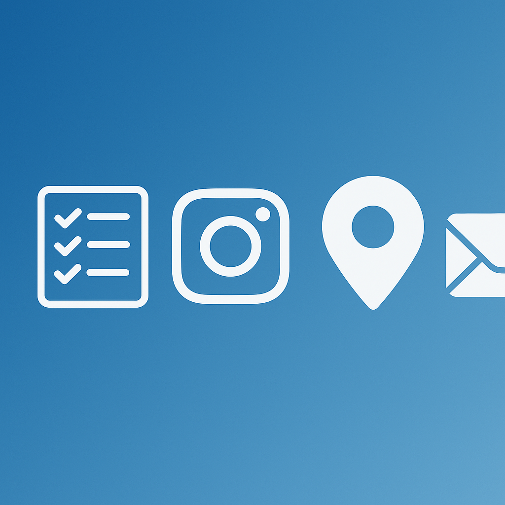 A set of social media icons on a blue background.