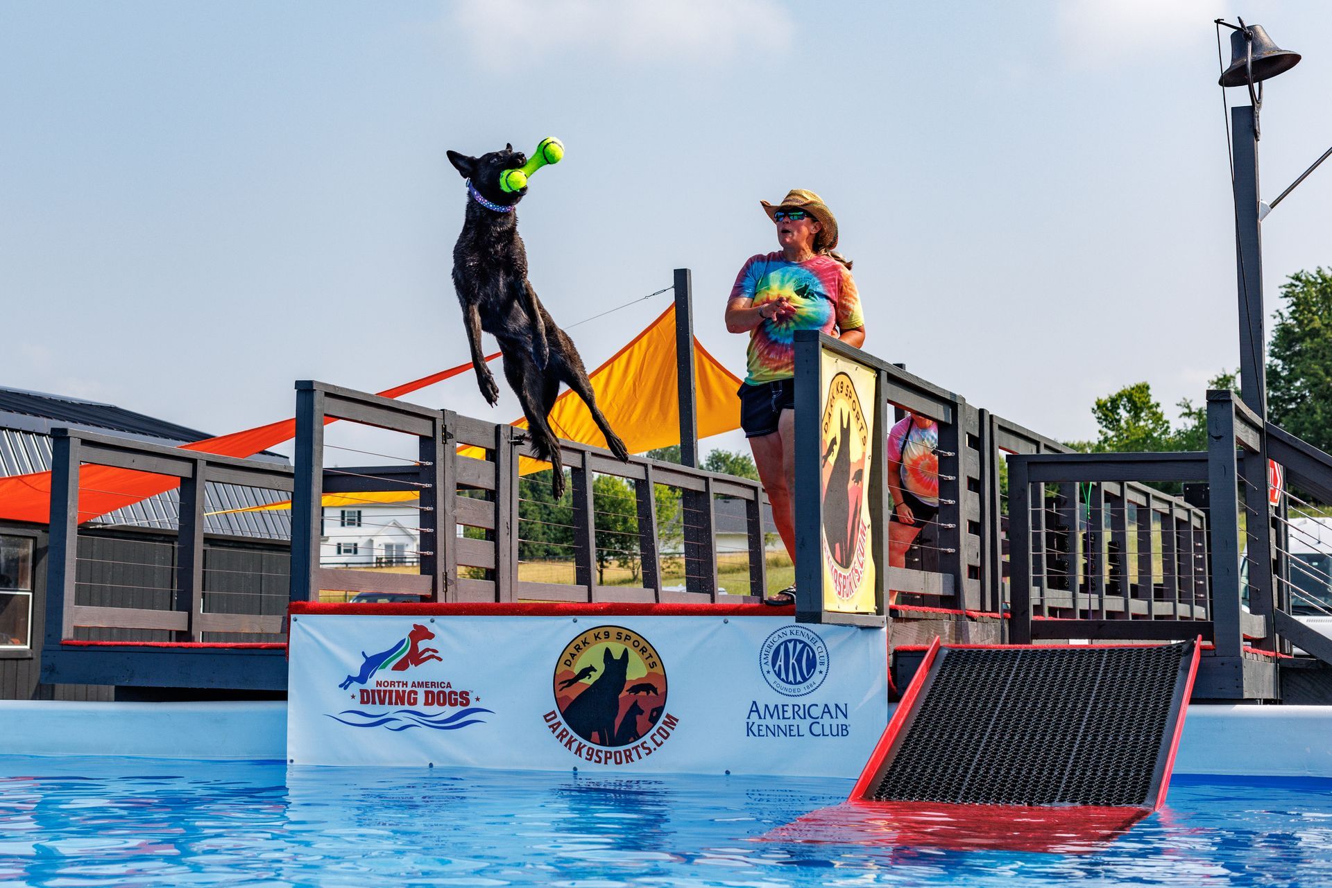 a woman is standing next to a dog that is jumping into a pool .