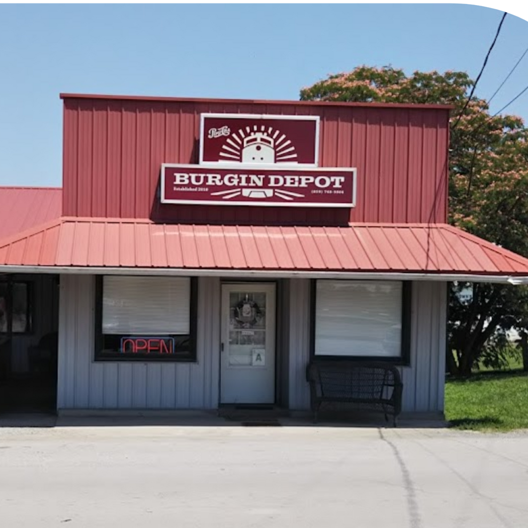 a red building with a sign that says burgin depot