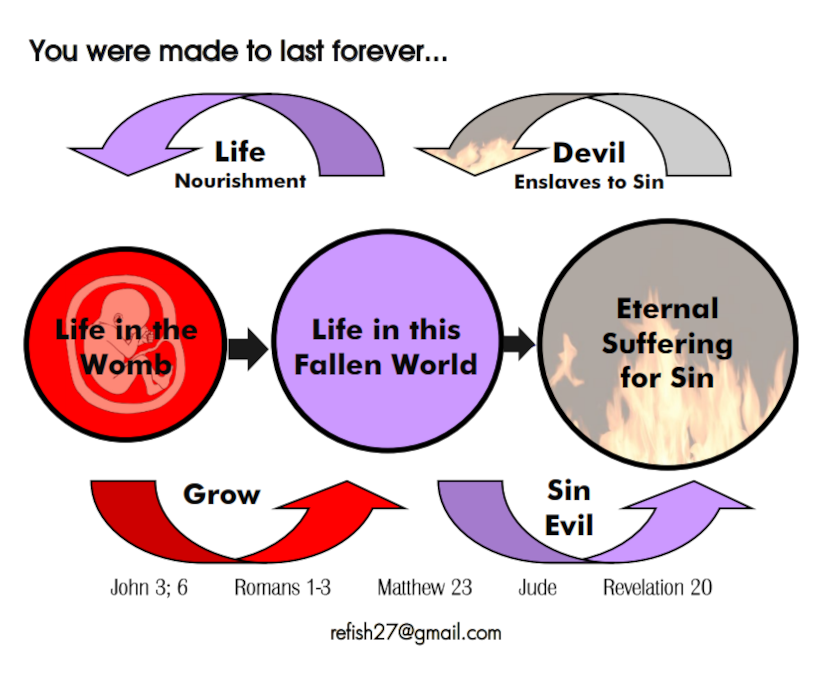 Diagram: Life cycle from womb to eternal suffering for sin, influenced by the devil. Arrows indicate growth and consequences.