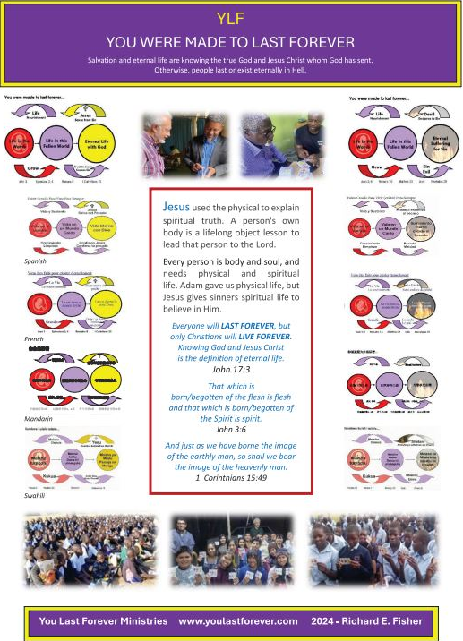 Poster with diagrams and photos about eternal life, featuring people and text in English.