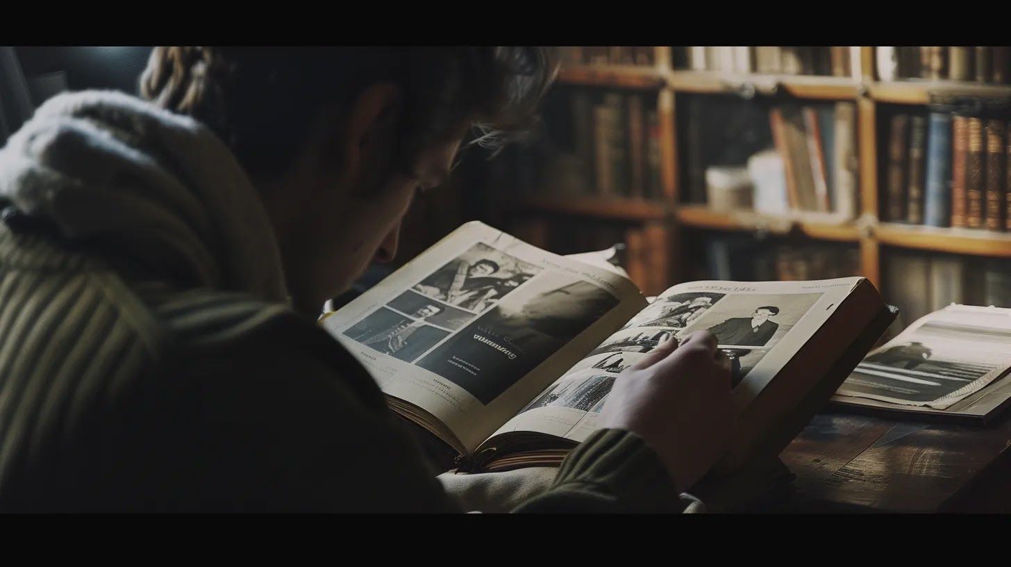 A person sits at a wooden desk in a dimly lit library, focused on an open book with photos.