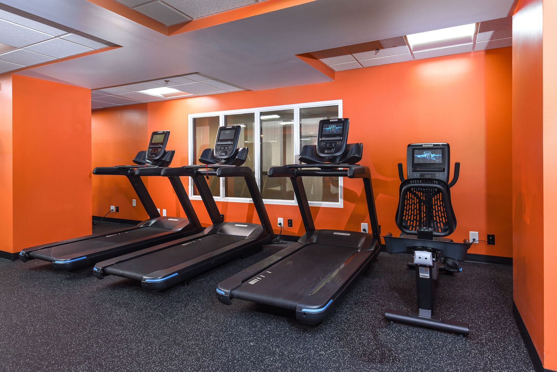 Cardio gym with three treadmills and a stationary bike against orange walls.