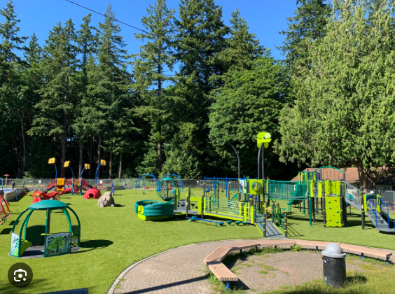 Playground with green turf, equipment, and trees. Blue sky.