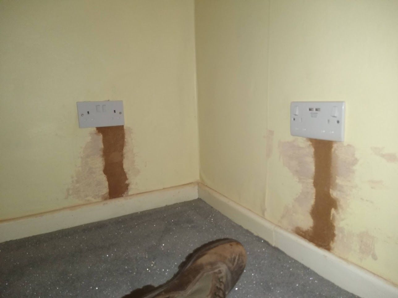 2 additional double sockets installed into a bedroom. Plastering completed ready for decorations