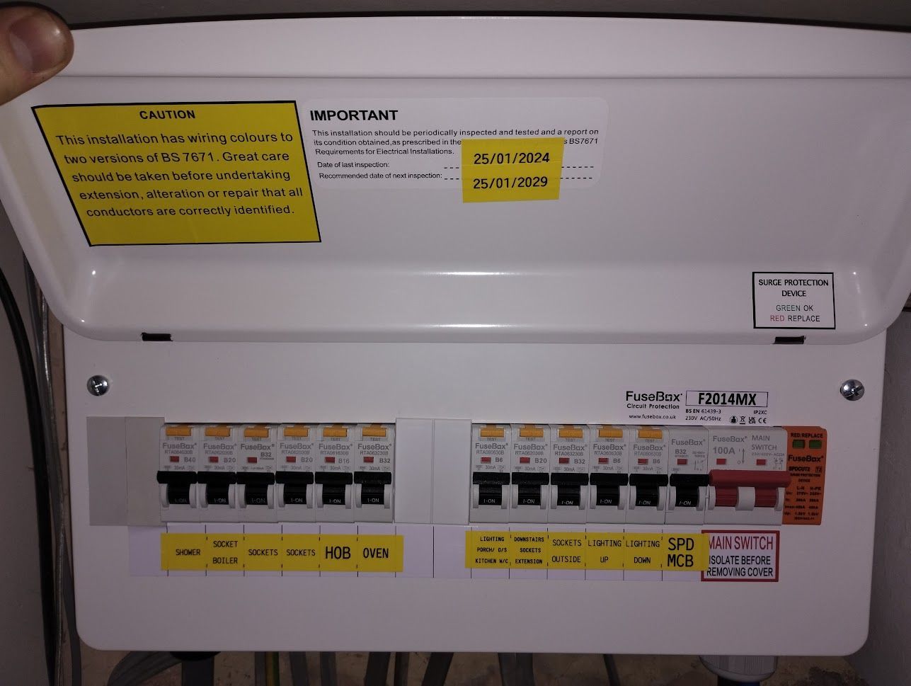 Fusebox consumer unit with cover on labelled using brother label printer
