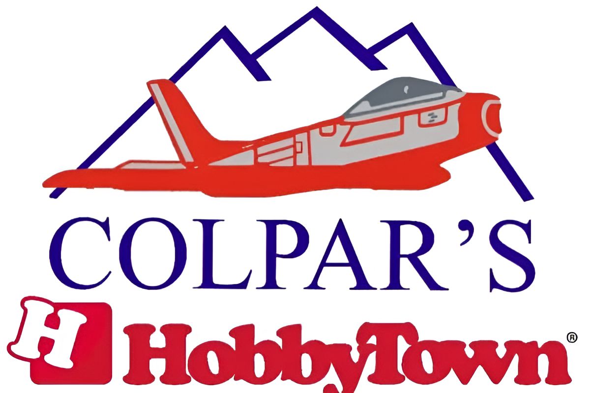 A logo for colpar 's hobby town with a plane on it