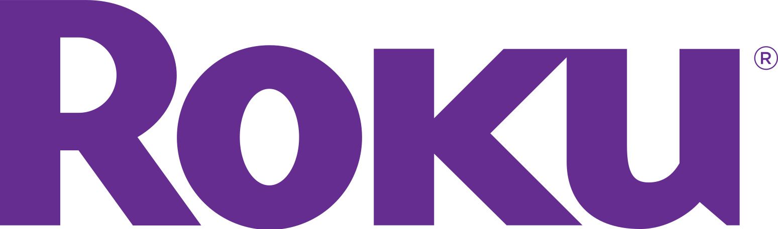 The roku logo is purple and white on a white background.