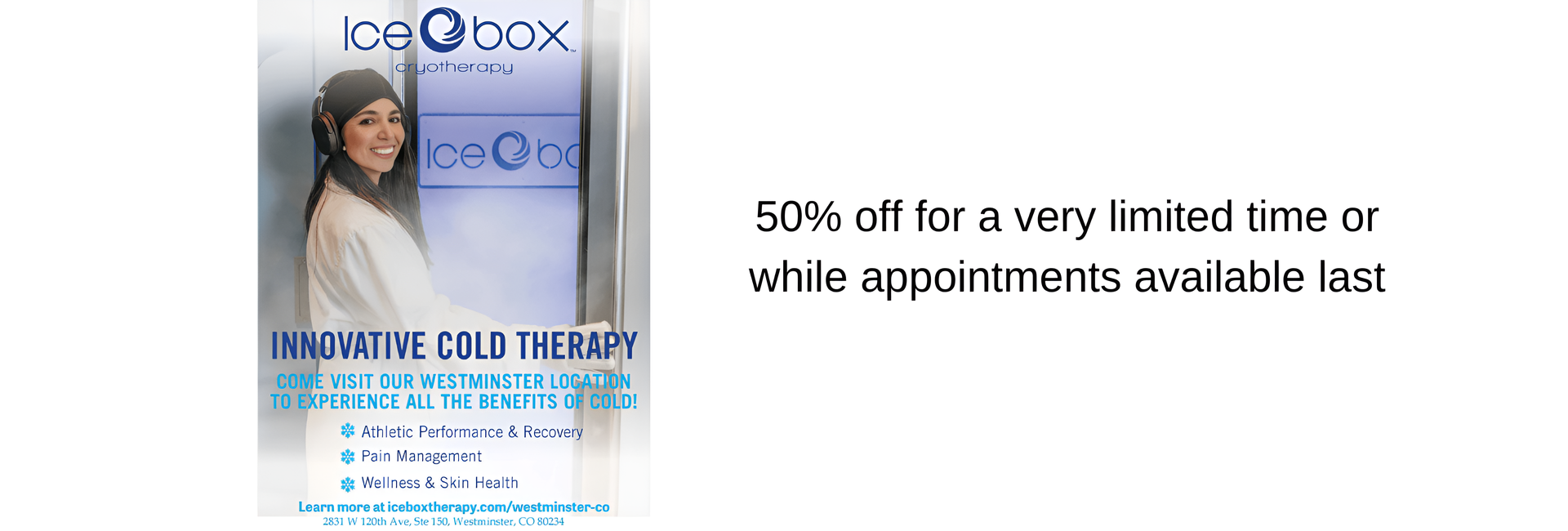 A woman is standing in front of a sign that says 50 % off for a very limited time or while appointments available last