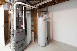 Furnace and water heater in a basement. Grey appliances sit next to unfinished wall and pipes.