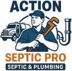 Logo for Action Septic Pro. Man holding wrench with septic truck and pipes.