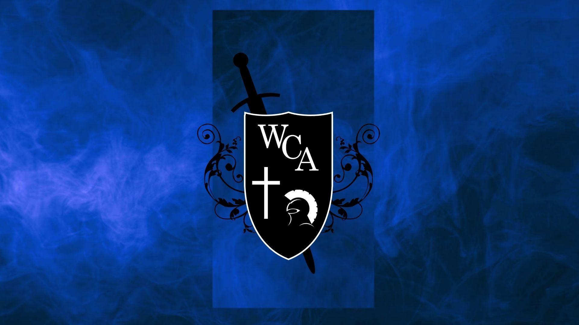 Shield with sword; logo for WCA. Dark shield with cross, letters, and white creature on blue smoke.
