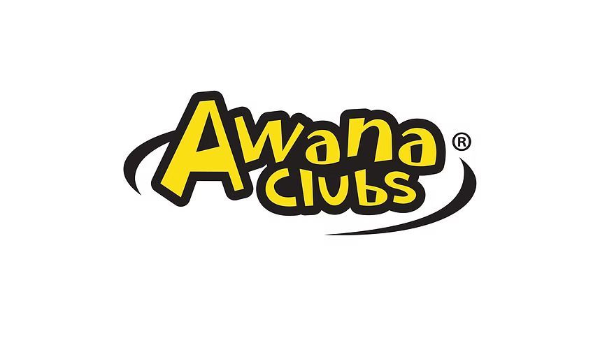 Awana Clubs logo: Yellow text on black, with curving black lines.