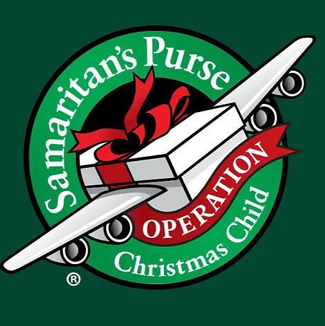 Samaritan's Purse Operation Christmas Child logo: a gift box, airplane wings, red ribbon, green circle.