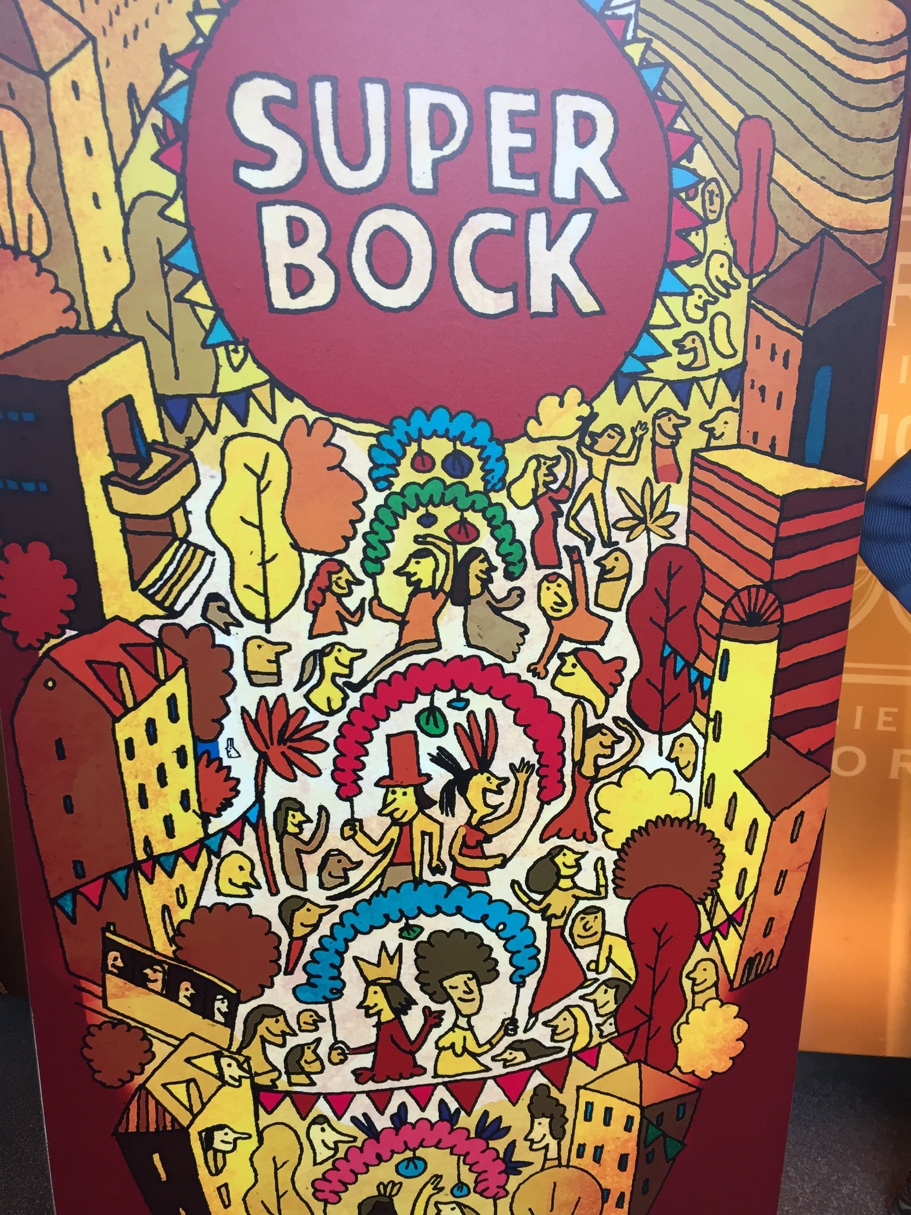 A poster for super bock with a cartoon drawing of a city