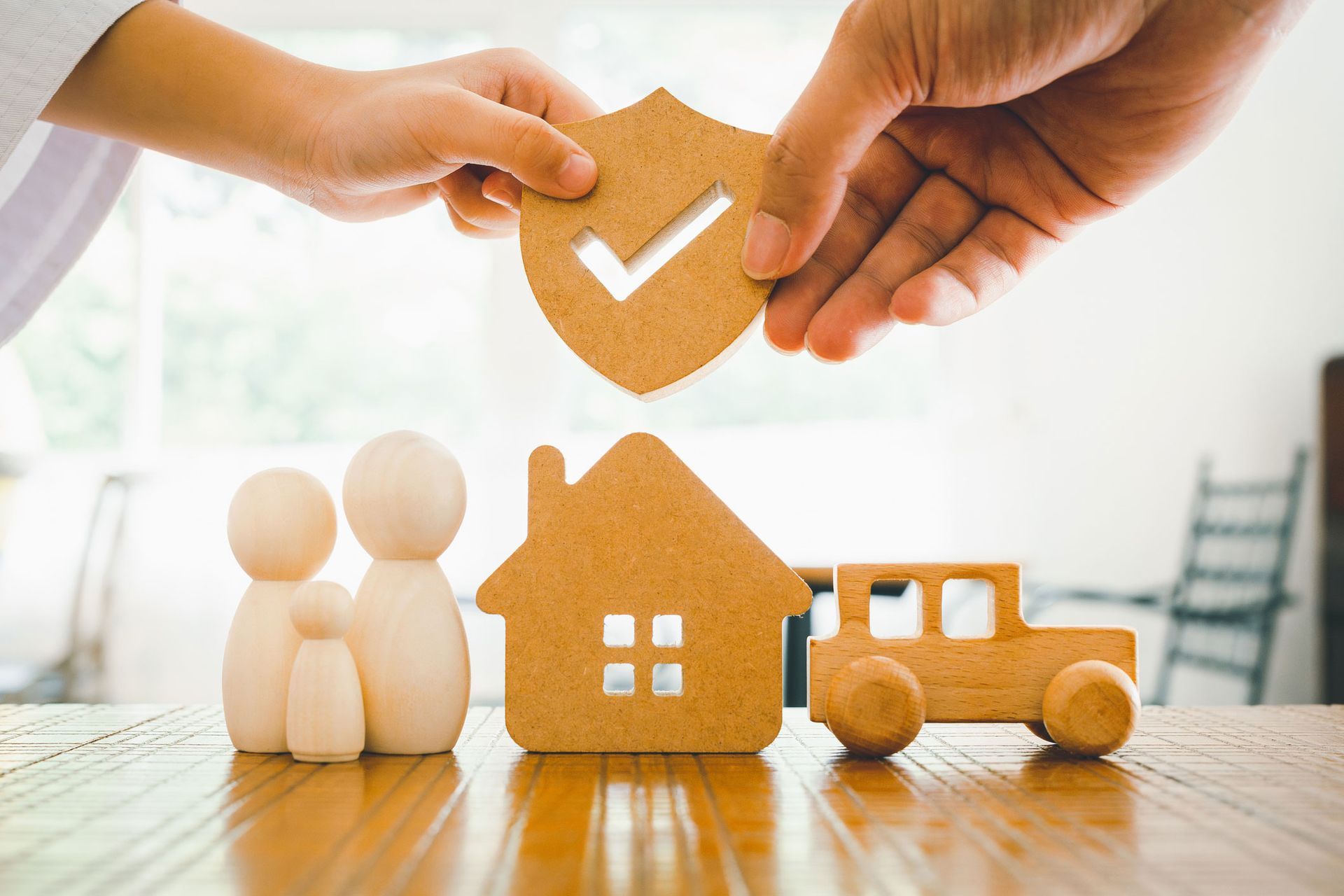A person is holding a shield over a model of a house and a car.