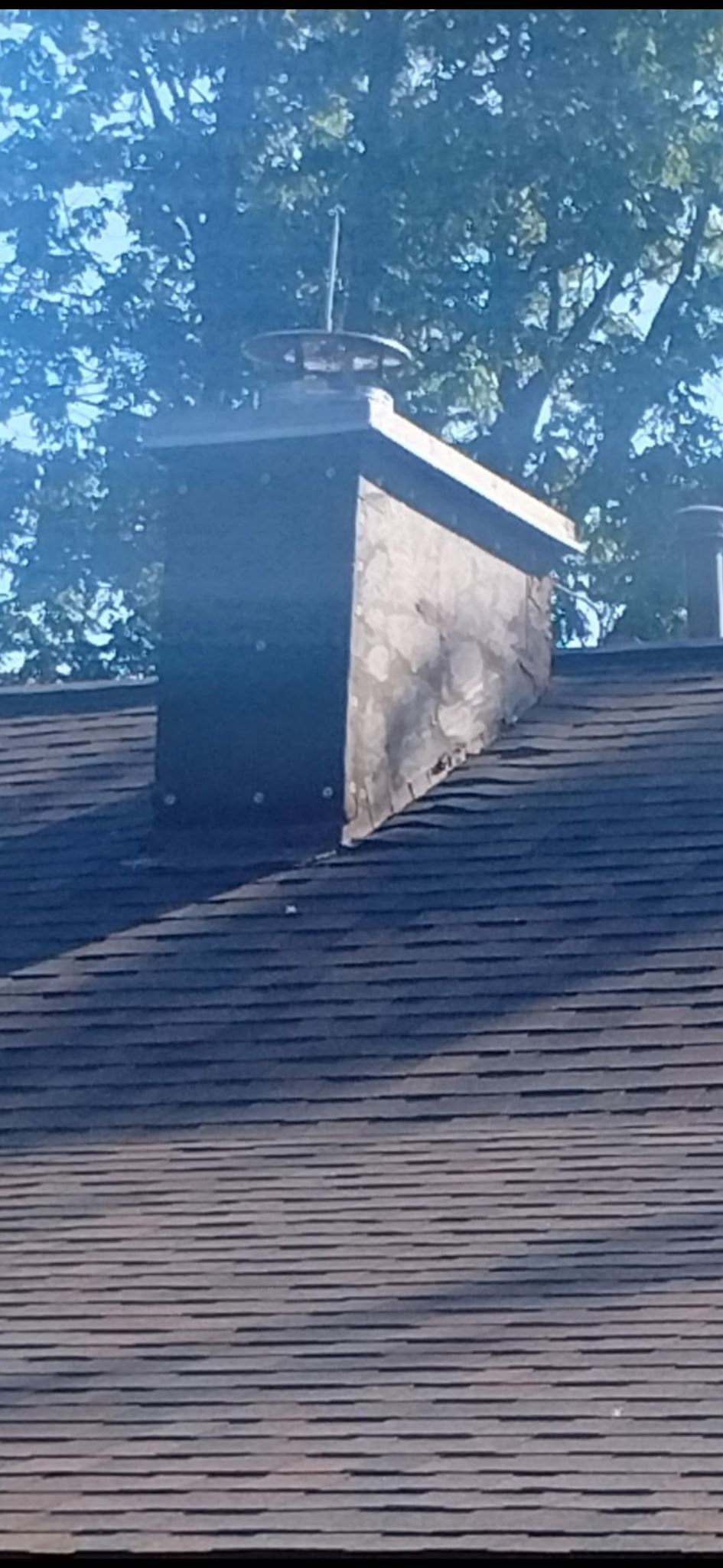 Chimney on a roof against a backdrop of trees and a blue sky.