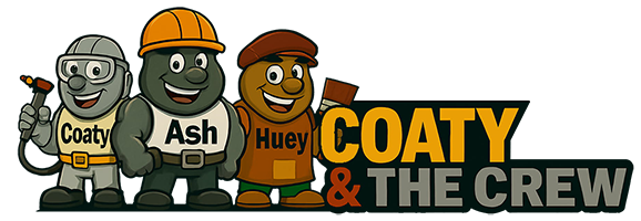 Cartoon crew: Coaty welding, Ash in a hardhat, and Huey with a paintbrush. "Coaty & The Crew" text.