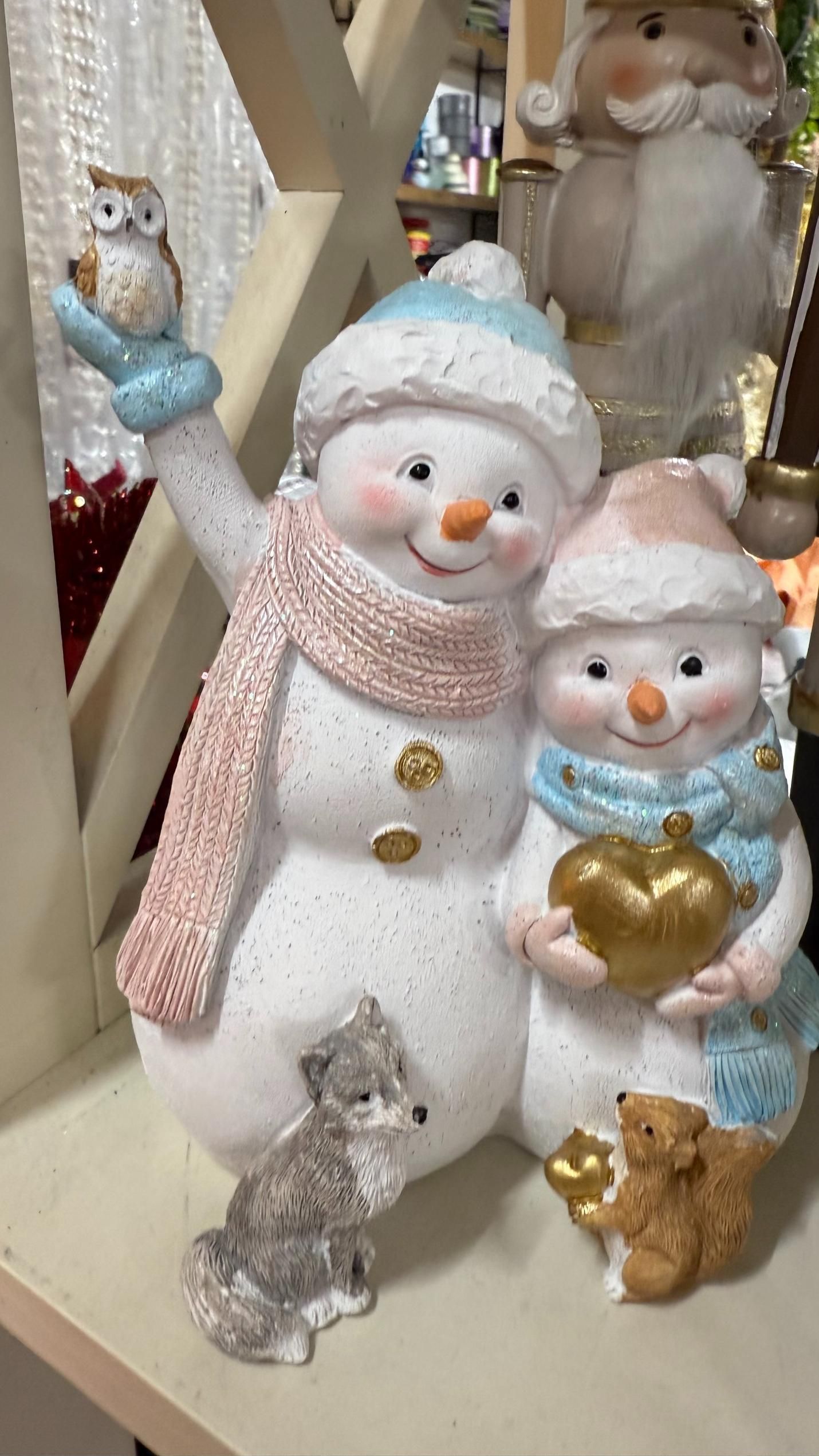 Snowman couple with a small owl, wolf, squirrel and a gold heart, decorated with glitter. | Jingle Bell Christmas