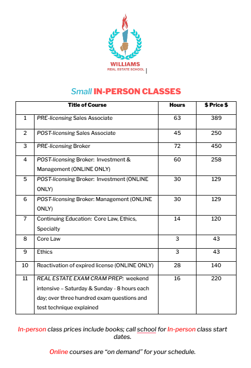 Course offerings from Williams, with pricing and hours. Includes 