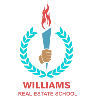 Logo for Williams Real Estate School: Torch with flame held by hand, within a turquoise laurel wreath.