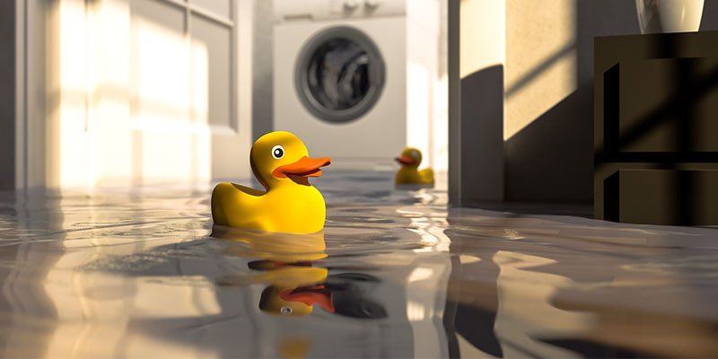 Plastic duck floating in a flooded basement