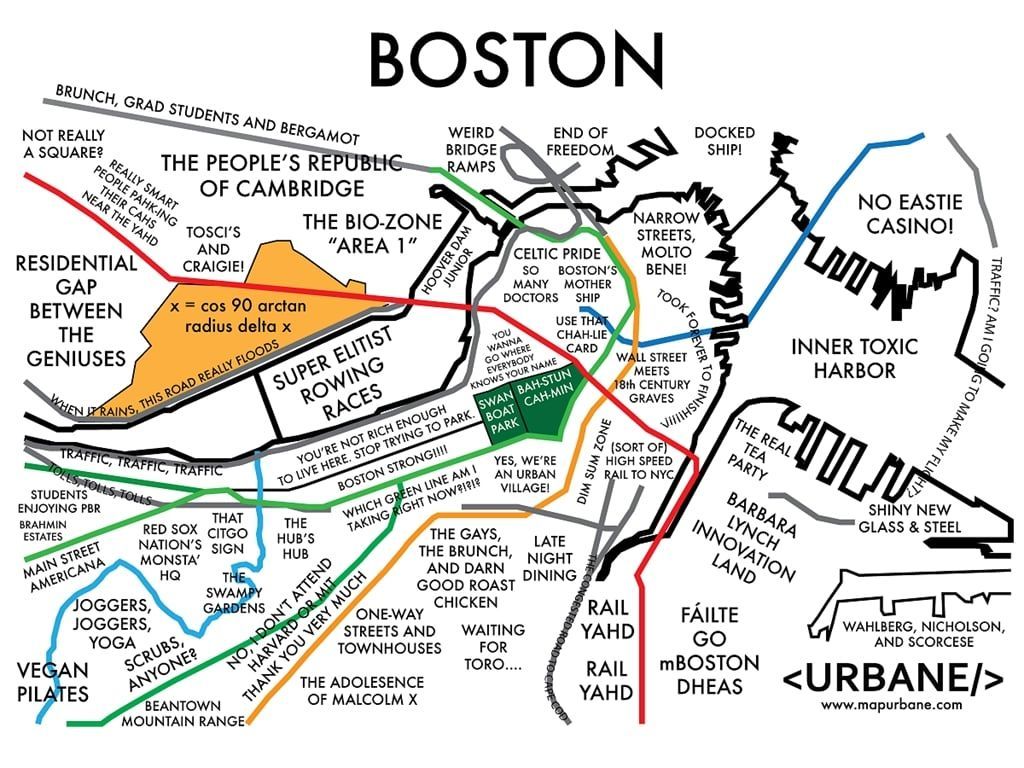 A black and white map of boston shows the people 's republic of cambridge