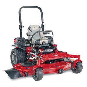 A red lawn mower with a gray seat on a white background.