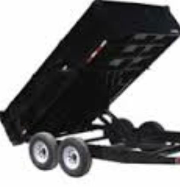 A black dump trailer with two wheels on a white background.
