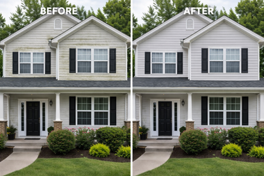 Before-and-after of a house exterior with improved landscaping and fresh trim paint.