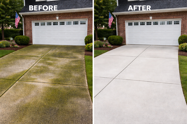 Before-and-after view of a driveway: stained concrete on the left, clean white concrete on the right.