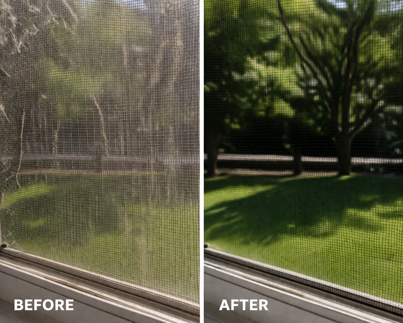 Before-and-after view through a window screen: hazy left side, clearer green yard and tree on right.