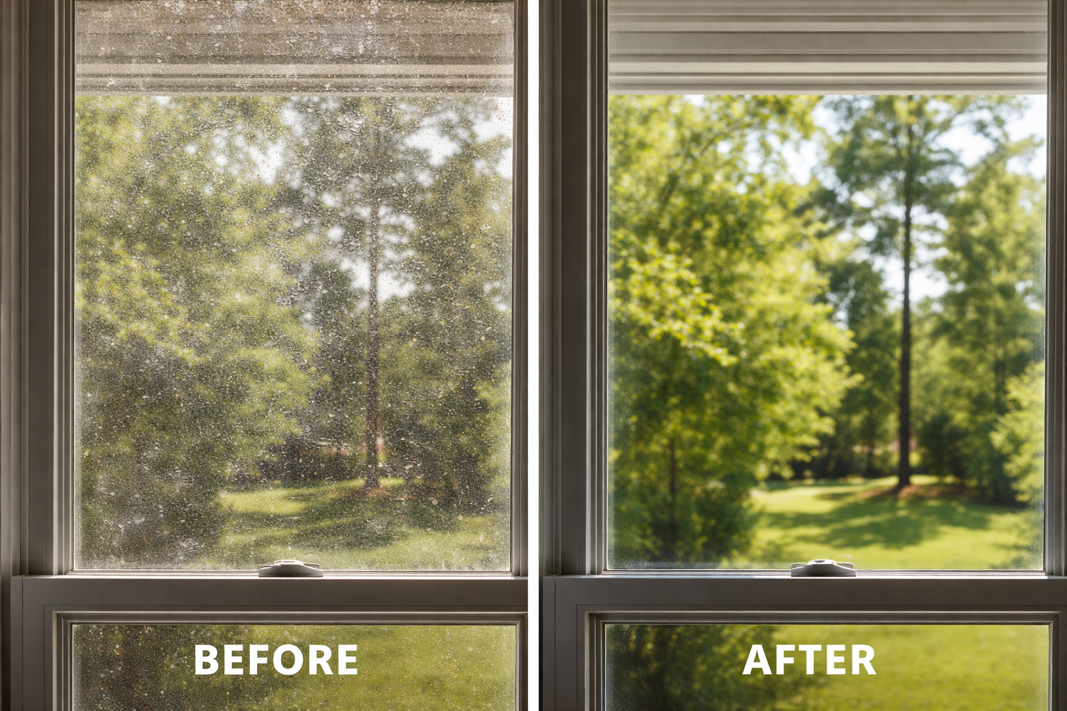 Before-and-after view of a cleaned window, showing a dusty left pane and a clear right pane with trees outside.